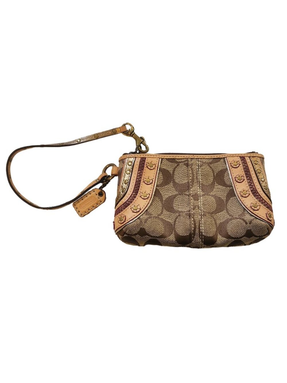 Vintage Coach Tan Signature Studded Leather Wristlet Burgundy Trim